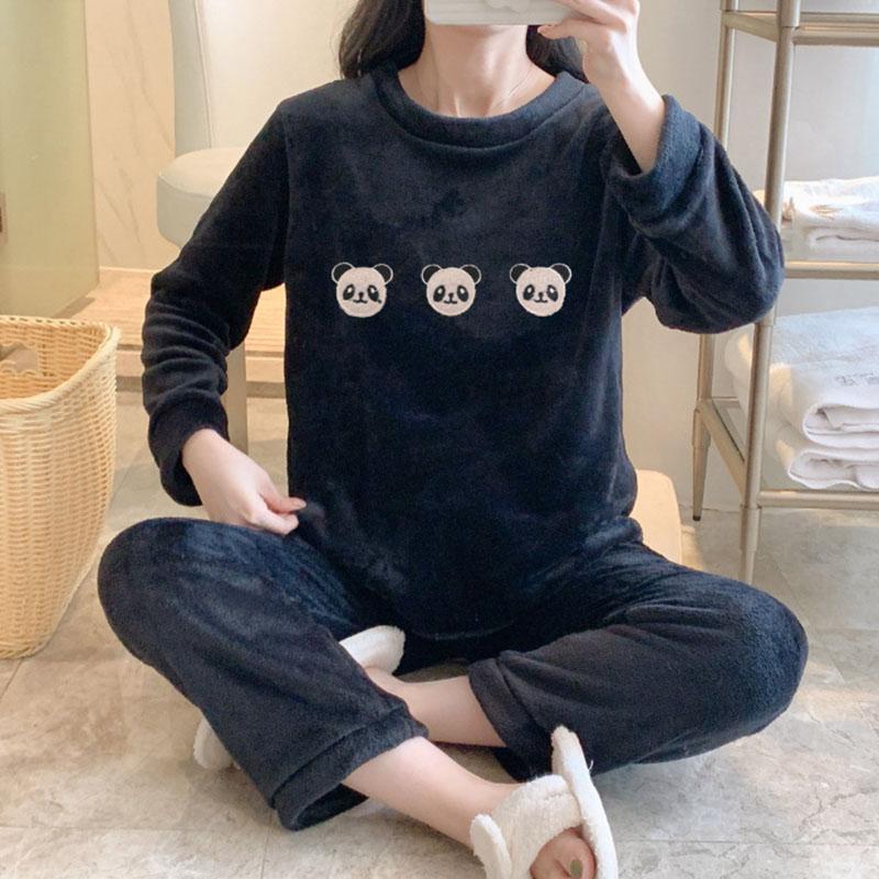 Thickened Warm Sleepwear for Winter Women Pajamas Flannel Cartoon Panda O-Neck Coral Velvetplus Winter Pajamas Ladies