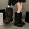 Fashion Women Chunky Knight High Boots Women Fashion Platform Flats Trouser Long Booties Autumn Winter Female Brown Western Cowboy Boots