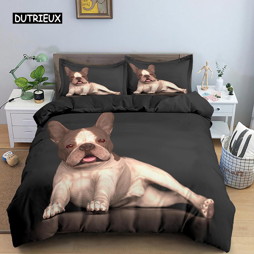 Cute Cartoon Bulldog Pattern Duvet Cover Set King Full Size Bedding Set Room Decor Soft Microfiber Quilt/Comforter Cover 2/3PCS