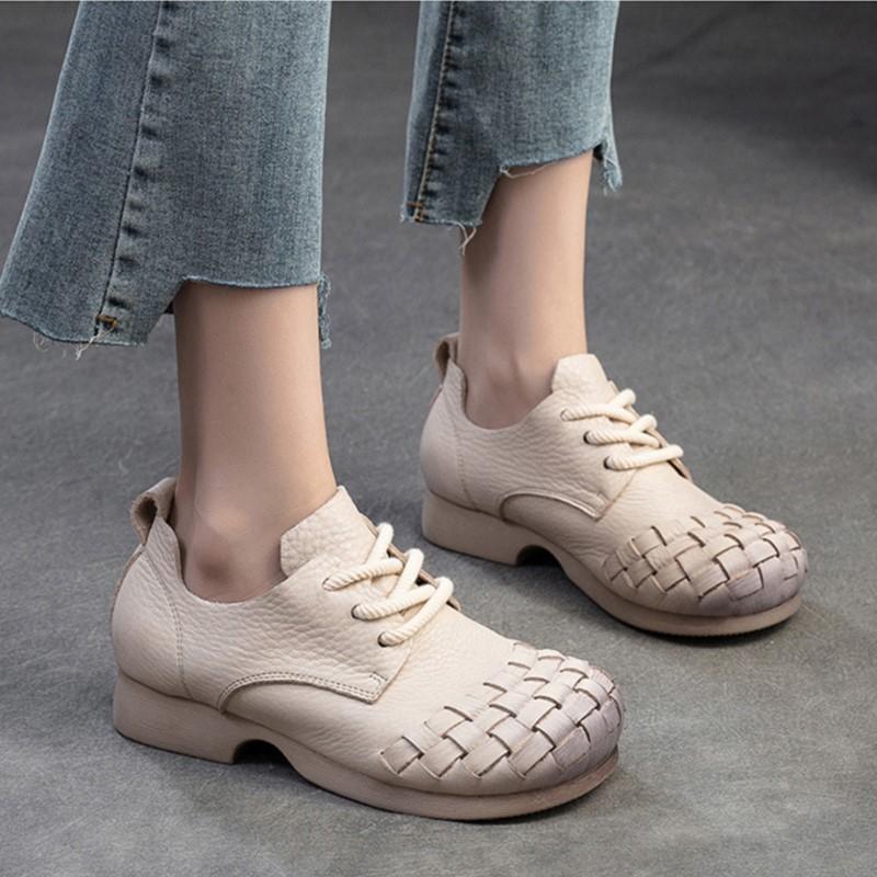 Johnature Genuine Leather Comfortable Pumps Retro Solid Color Commuting Versatile Casual Women's Shoes