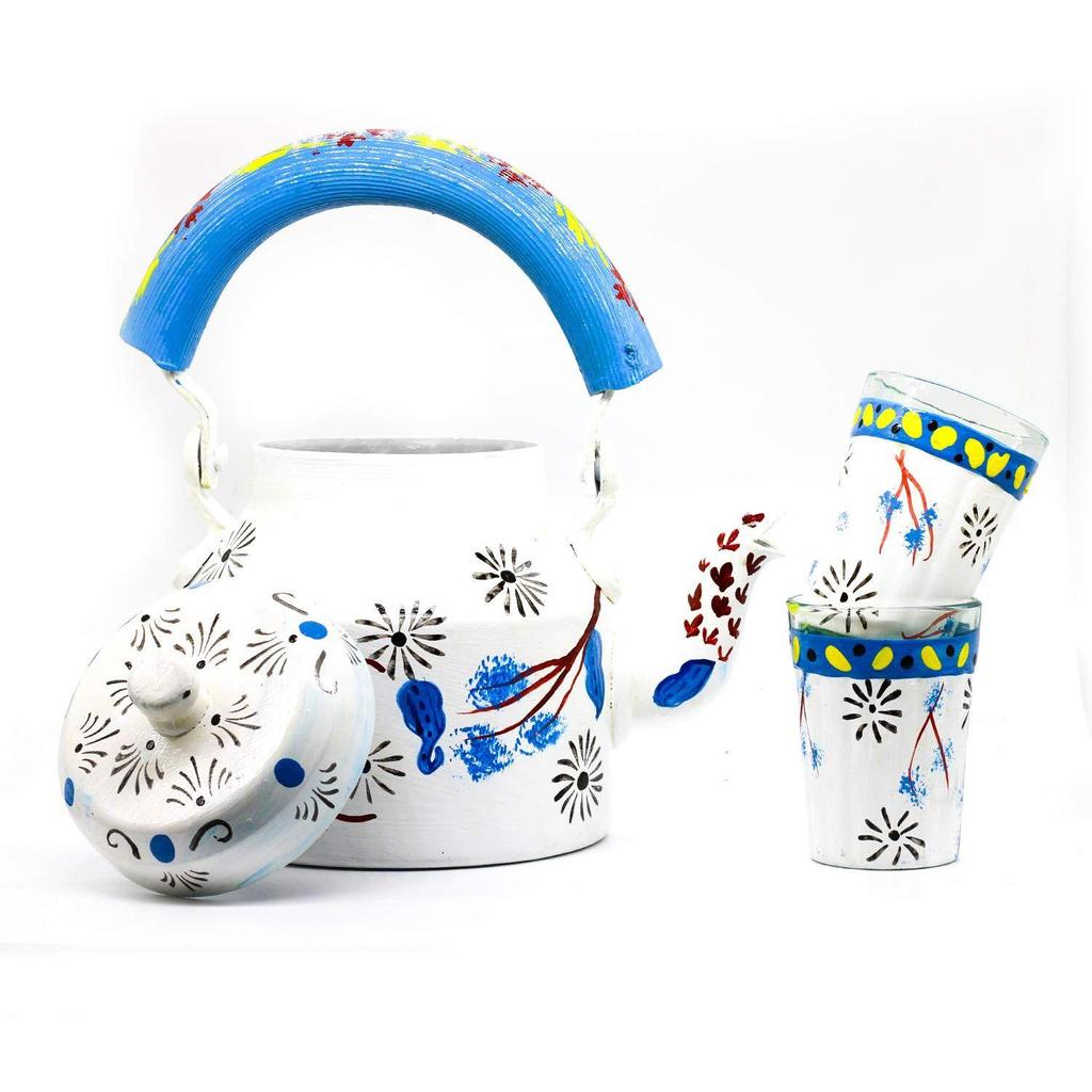 Hand Painted Kettle Set of 9 Pcs (Pack Contents - 1 Handpainted Kettle, 6 Handpainted Glass, 1 Iron Roped Stand, 1 Brown Natural Wood Tray