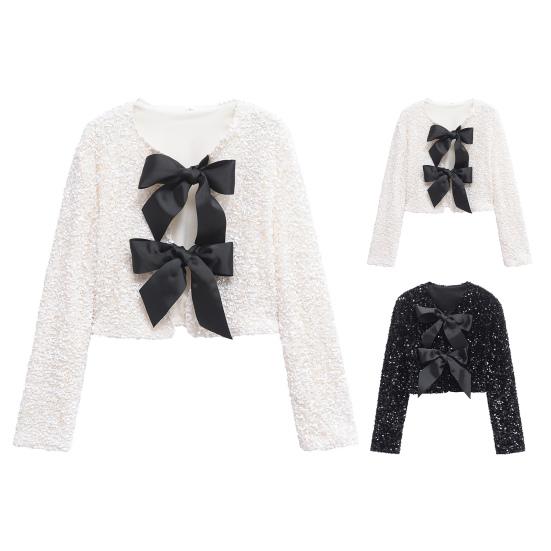 Women Sequin Jacket Big Bow Decor Loose Round Neck Long Sleeves Solid