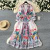 Bohemian Floral Chiffon Summer Dresses for Women 2025 Runway V-Neck Long Lantern Sleeve Sashes Beach Holiday Dressess Boho Robe