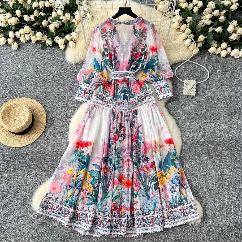 Bohemian Floral Chiffon Summer Dresses for Women 2025 Runway V-Neck Long Lantern Sleeve Sashes Beach Holiday Dressess Boho Robe