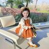 Girl Princess Dress 2023 Spring Autumn New Korean Kids Orange and Beige Retro Cotton Linen Embroidered Dresses Two Piece Set
