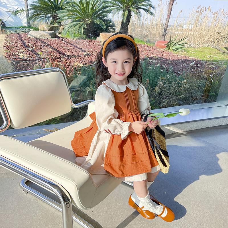 Girl Princess Dress 2023 Spring Autumn New Korean Kids Orange and Beige Retro Cotton Linen Embroidered Dresses Two Piece Set
