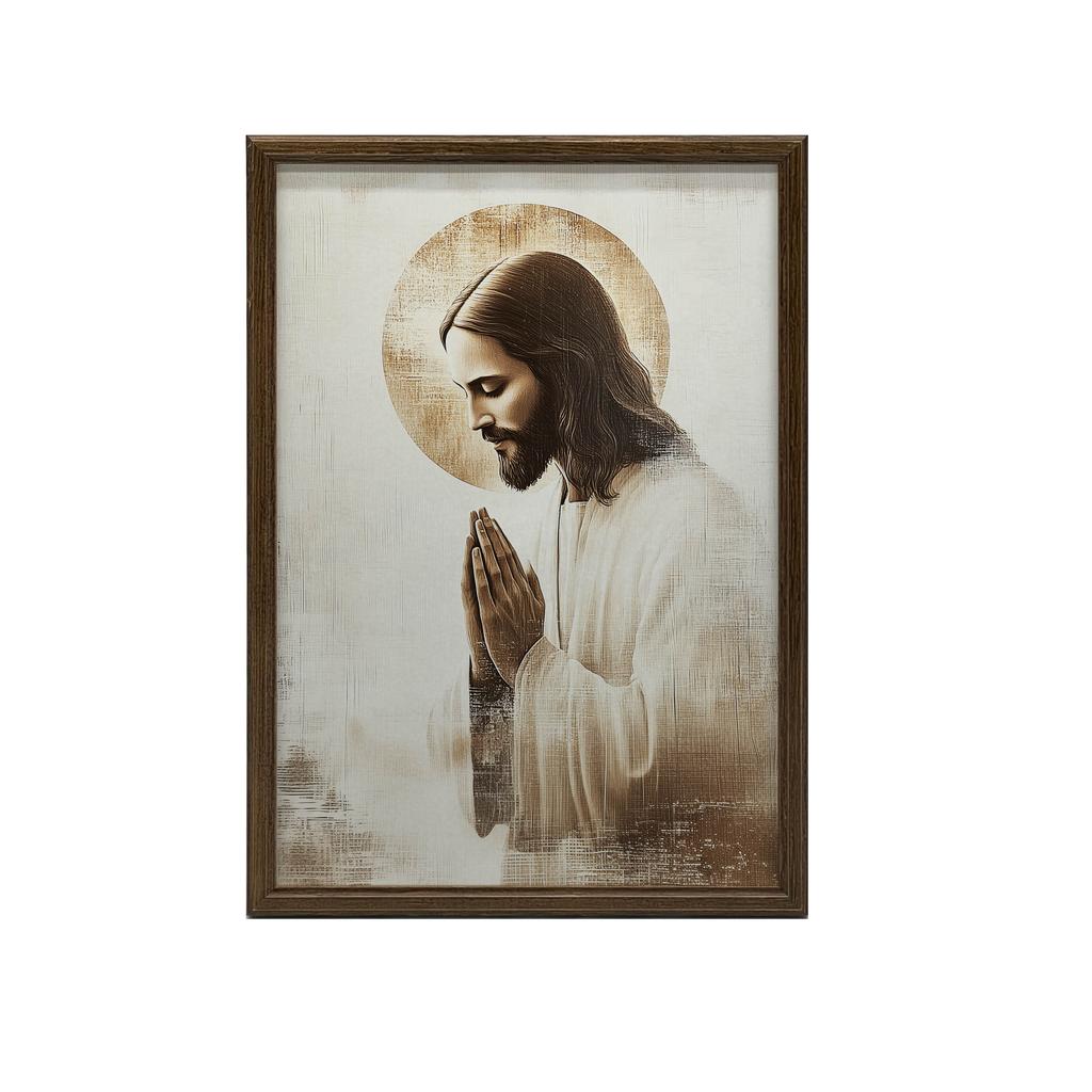 Jezus W Modlitwie - Złota Aureola Jezus W Modlitwie - Złota Aureola, 40X50 Cm, Rama Aluminiowa Złota, Papier Matowy 230 Gsm