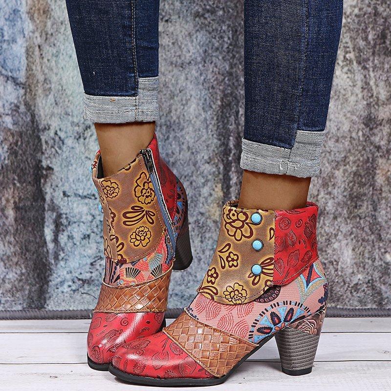 National Style High Heel Short Boots Women's Splicing Martin Boots Rhinestone Pointed Thick Heel Short Boots Large