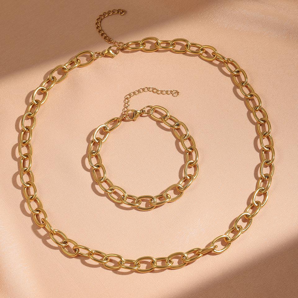 Htpwe Stainless Steel Glossy Chain Bracelet Necklace Set For Women 18k Gold Couple Holiday Gift Set Party Daily Zircon