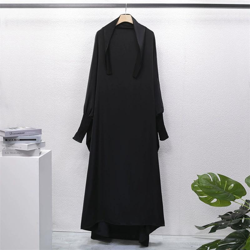 Muslim Abaya One-piece Prayer Dress Hooded Smocking Sleeve Women Jilbab Islamic Clothing Dubai Saudi Black Robe Turkish Modesty
