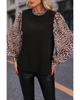Black Contrast Leopard Print Lantern Sleeve Blouse