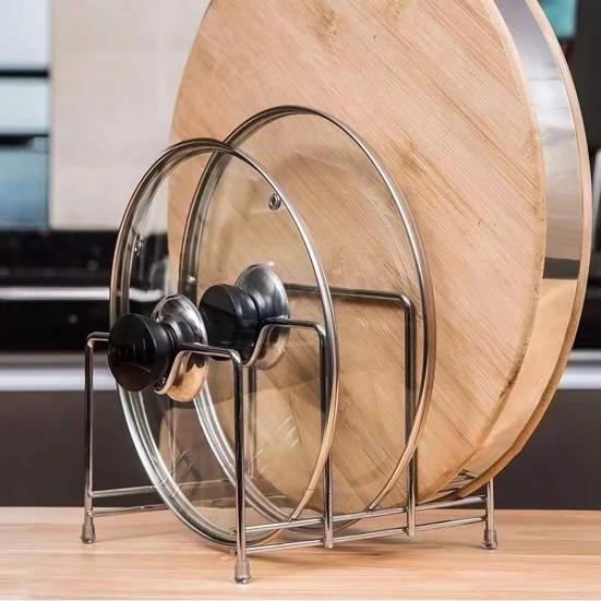 Stainless Steel Pot Lid Holder Modern Heavy Duty Standing Multi-functional Countertop Cutting Board Plate Cutter Storage Rack Organizer Kitchen