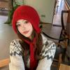 Balaclava Hat Women's Red Autumn and Winter Warm Versatile Face Small Solid Color Knitted Wool Ear Hat