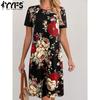 Women's Fashion Summer Spring Flower Pattern Print Short Sleeve O-Neck Loose Waistline Casual Dresses