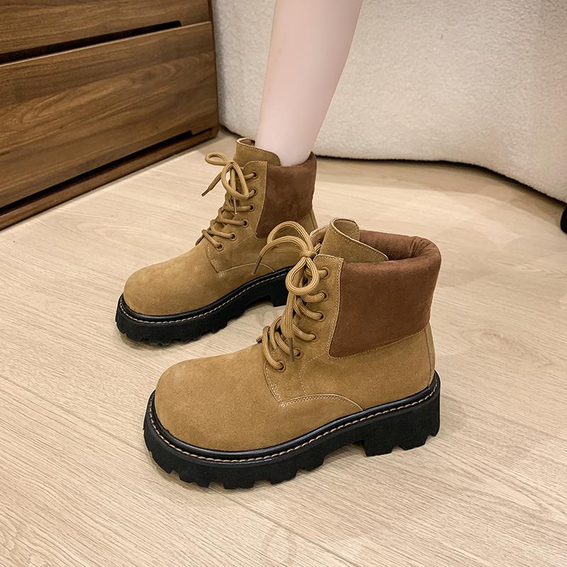 Autumn Winter Thick Sole Lace-Up Riding Boots Women's Suede Patchwork Ankle Boots Platform British Style Casual Platform Shoes