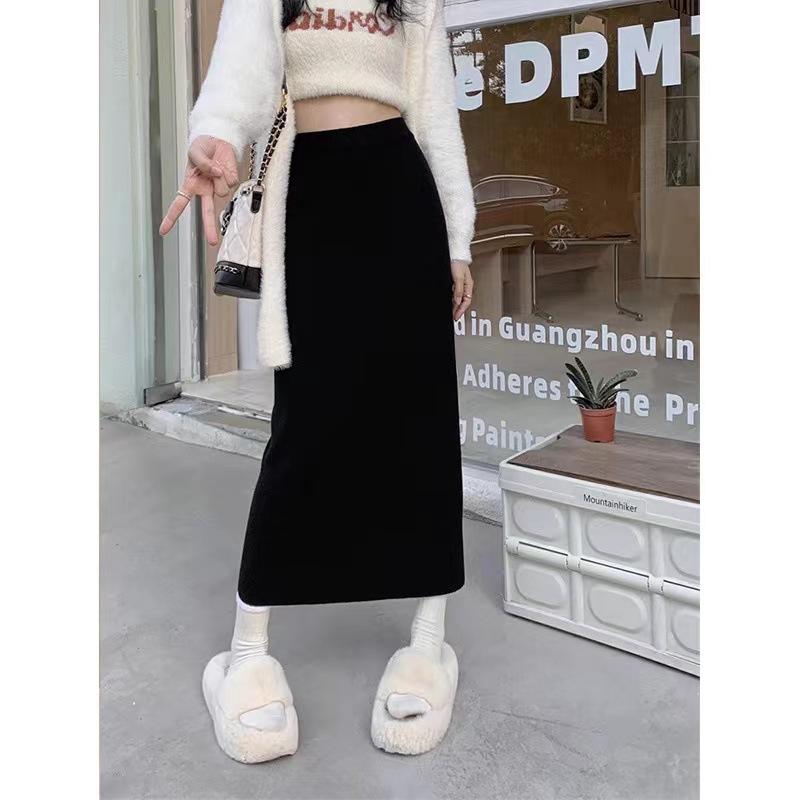Women's Casual Slimming Knit Skirt High-waisted Straight-leg Bodycon Skirt Over Knee Long Yarn Tweed Style