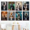 Retro Funny Animal Sitting On Toilet Reading Newspaper Posters Prints Canvas Painting Colorful Wall Pictures Bathroom Home Decor