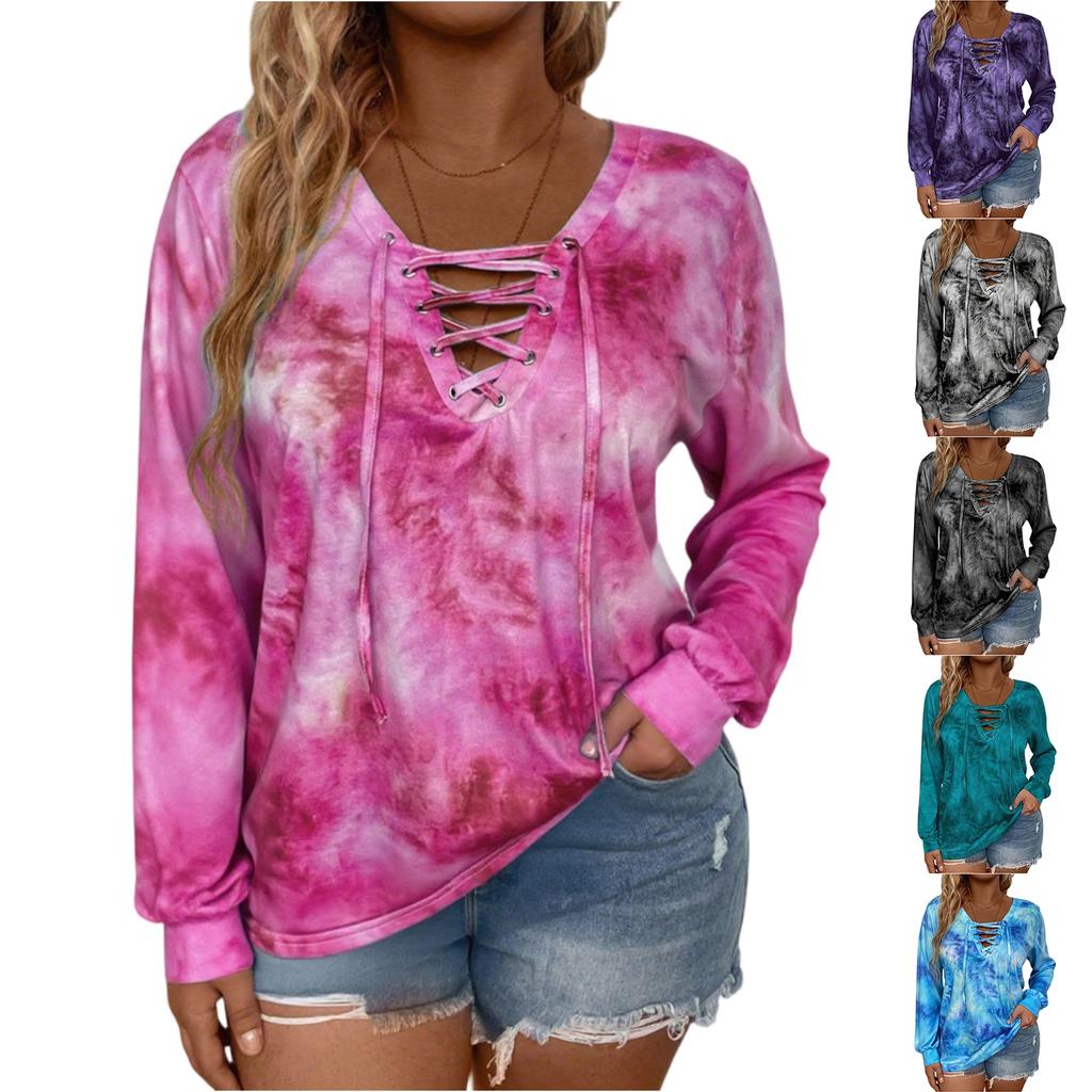 Women's Fashionable Loose-Fit Plus-Size Tie-Dye Printed Long-Sleeve T-Shirt
