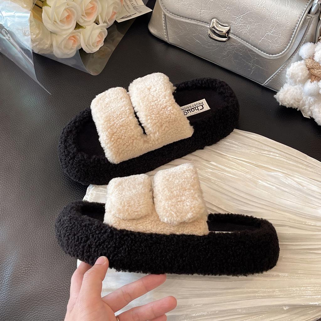 Fairy Wind Thick-soled Fluffy Slippers Female Outer Wear 2025 Autumn and Winter New Parallel Bars High-end Fashion Home Plush Slippers