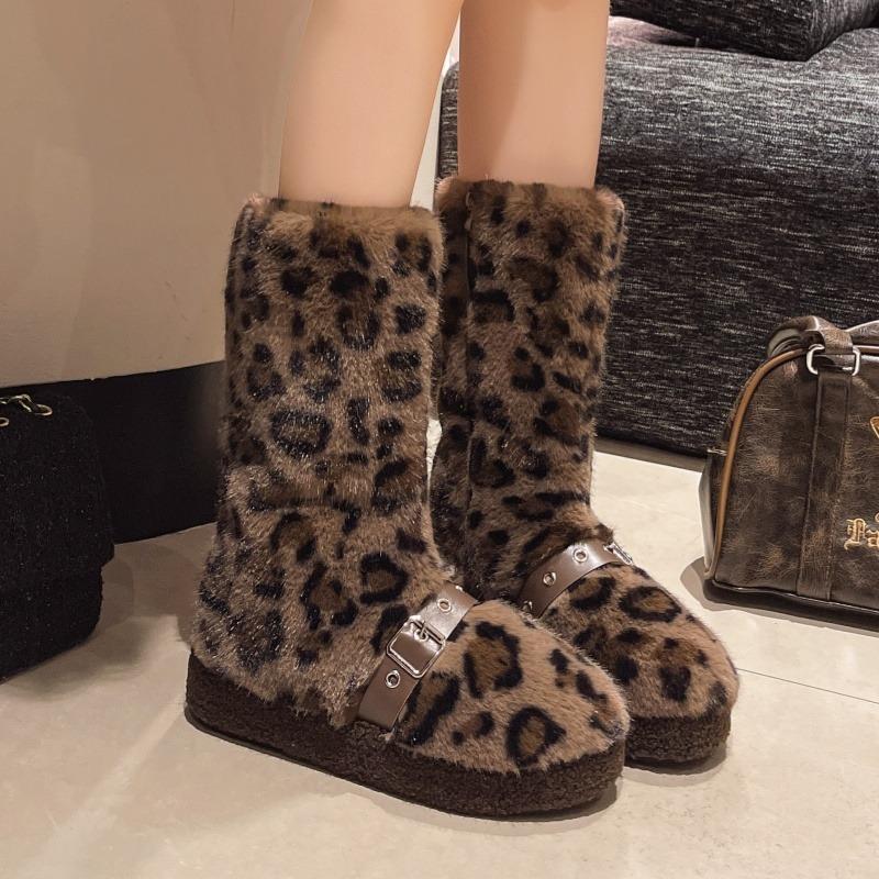 Leopard Fur Platform Women Snow High Boots Suede Plush Cotton Mid Heels Shoes 2025 Trend Winter Mid Calf Casual Warm Botas Mujer