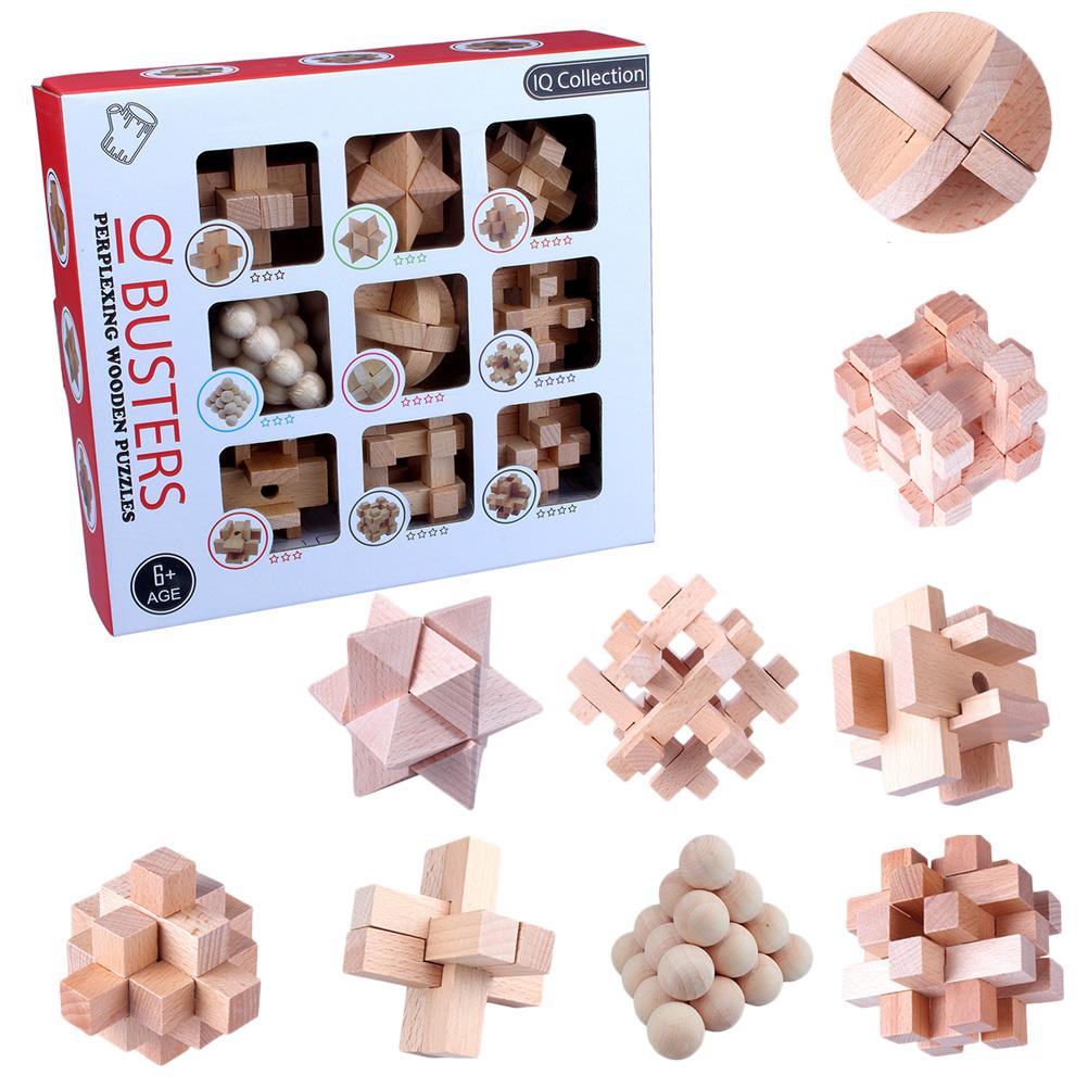 9Pcs Wooden Brain Teaser Puzzle IQ Test Toy Kong Ming Lock Puzzle Disentanglement Puzzles Toy