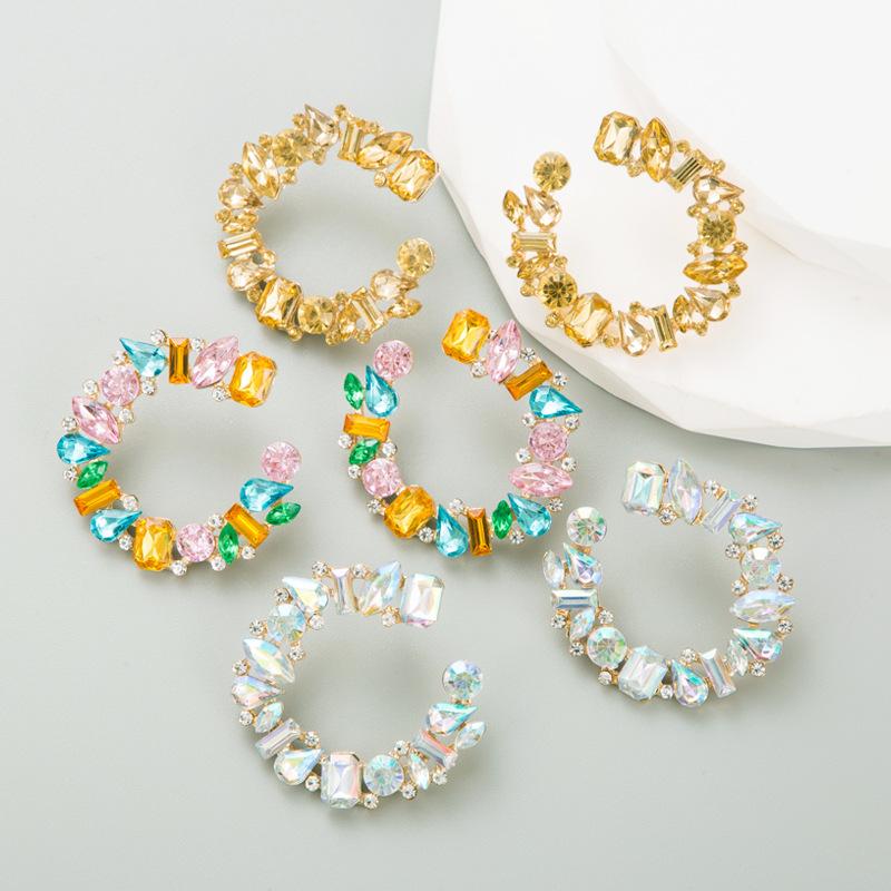 Women's Hoop Earrings Exaggerate Temperament Gold Plated Colored Crystal C Shaped Series Simple Premium Earrings