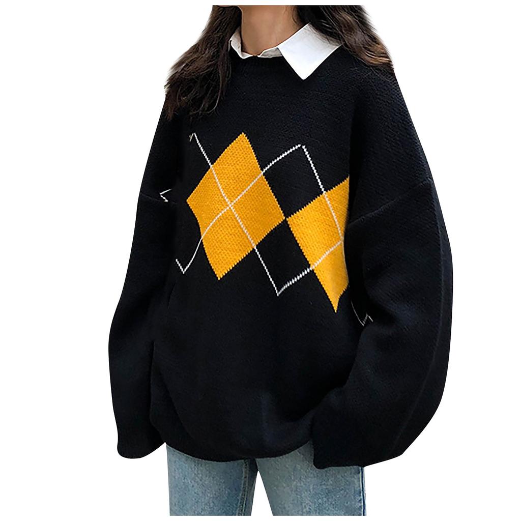 Пуловер-стрик Herbst Winter Innenhof Stil Geometrisches Muster Lose Rundhals
