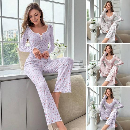 Women's Long Sleeve Pajama Set Ruffle Trim V Neck Crop Top And Wide Leg Pants Sleepwear Set Floral Print 2 Piece Pjs Set