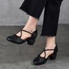 Genuine Leather High-heeled Sandals Retro Round Toe Cross Strap Thick Heel Women's Shoes