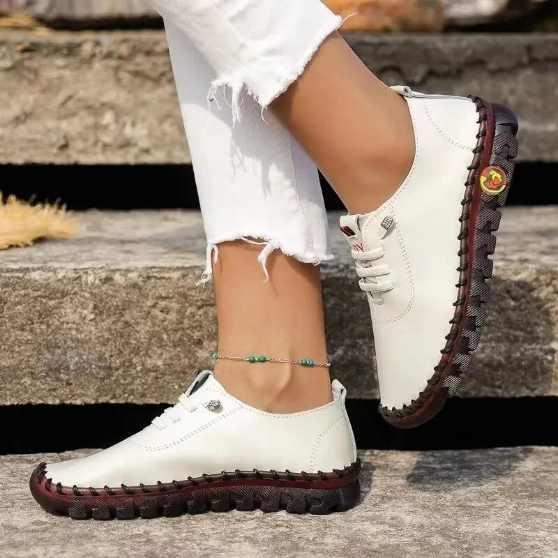 Fashion 2024 New Spring Casual Women Shoes Platform Loafers Lace Up Leather Flats Slip-On Mom Shoe
