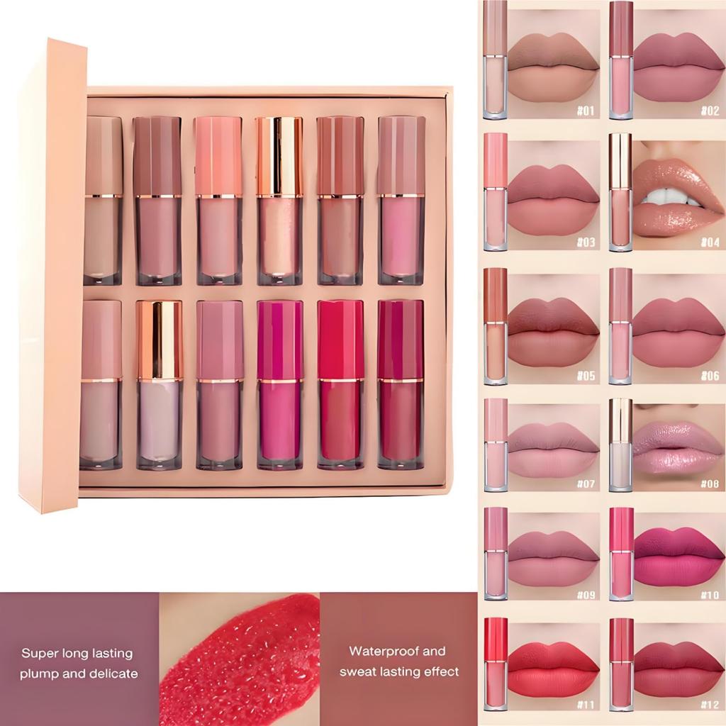 Matte Nude Lipstick Velvety Liquid Lipstick with Sexy Lip Smooth Lip Makeup with Gift Box 12-Color Set, Long-Lasting Non-Stick Cup, Gloss, Tint,