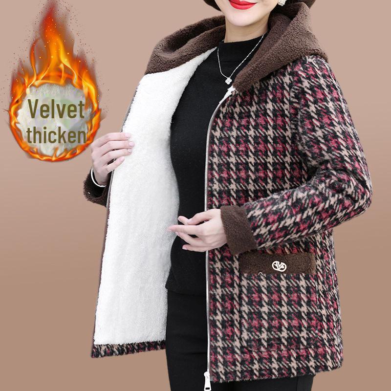 Women's Plush Hooded Lamb Fleece Jacket - Winter Thickened Plaid Short Coat Trendy Casual Top