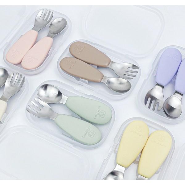 UBMom Infant Stainless Steel Silicone Handle Baby Food Spoon Fork Case Set, Chocolate Rice Cake (Choco), 1 Set, Korean Popular Tableware