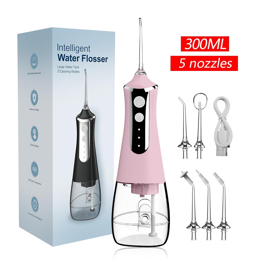 Dental Oral Irrigator Water Flosser Thread Teeth Pick Mouth Washing Machine 5 Nozzels 3 Modes USB Rechargeable 300ml TankDental