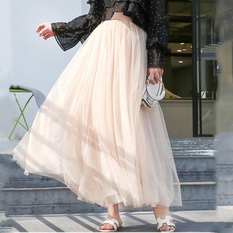 Qooth Elastic Waist 3 Layers Mesh Long Tulle Skirt Spring Autumn Elegant Vintage High Waist Ball Gown Gauze Tutu Skirt QT2001