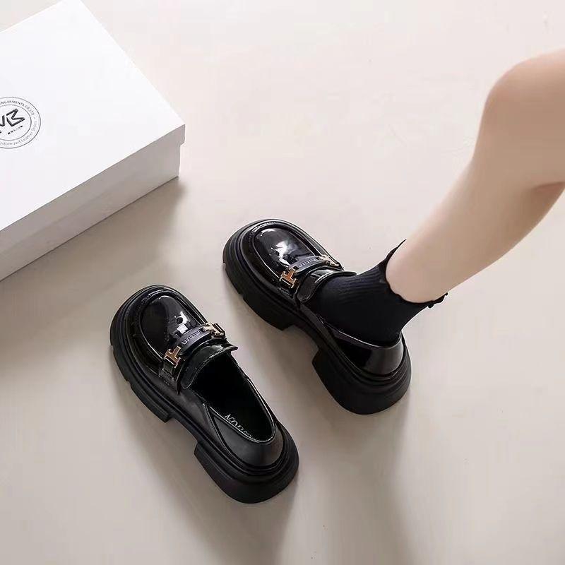 Women's New Autumn Platform Retro One-pedal Small Leather Shoes Black Women