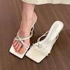 Aneikeh2024 Fashion Elegant Crystal Buckle Decoration Slim High HeelsWomen Summer Square Head PU Narrow Band Sandals Party Dress