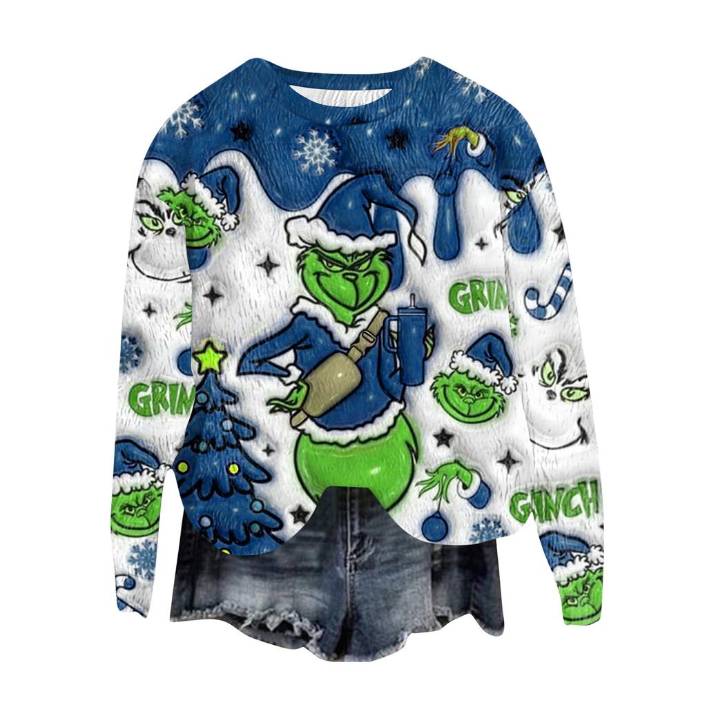 Women's Fashion Round Neck Pullover Top Long Sleeve Tee Christmas Printed Sweatshirt