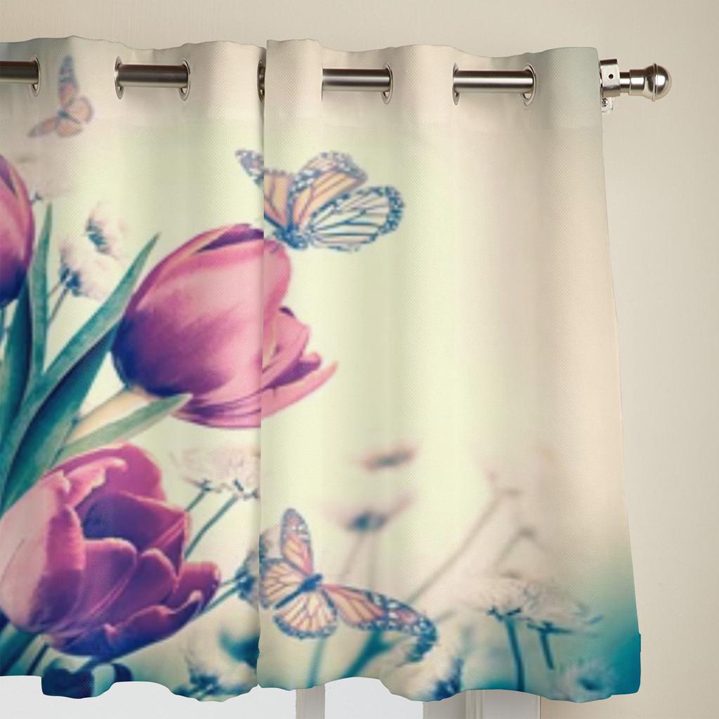 Bouquet Of Red Tulips And Butterfly Window Curtains For Living Room Kitchen Modern Curtains Home Decor Blinds Drapes