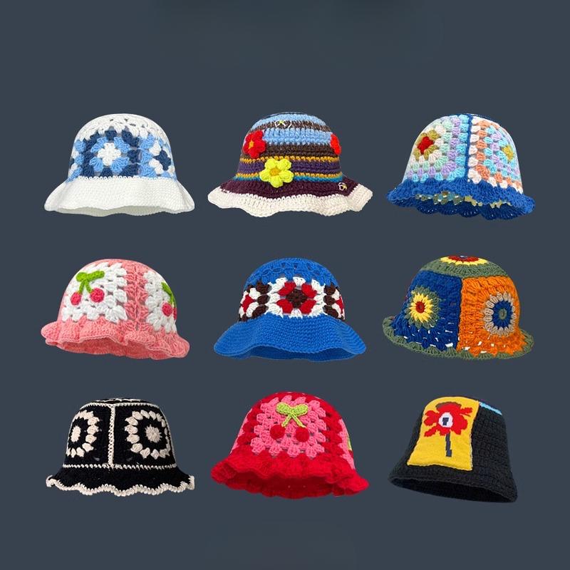 2024 Flower Crochet Bucket Hat Women Summer Handmade Knit Beanies INS Y2k Korean Fashion Panama Cap