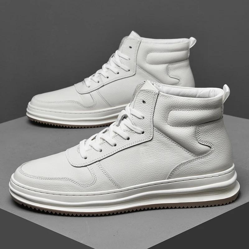 Luxury Men Sneakers Comfy Men Lace-up Solid Ankle Boots Man High Top Shoes Genuine Leather Casual Boots Minimalist Shoes for Men