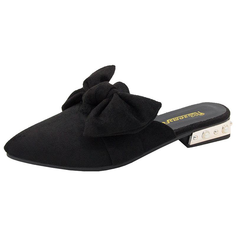 Pointed Toe Low Heel Slippers Women's Bowknot Suede Plus Size Women's Shoes Size 35-40