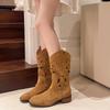 New Popular Hollow Embroidered Vintage Western Boots Women Autumn Chunky Heels Knee High Cowboy Boots Woman Leather Knight Boots