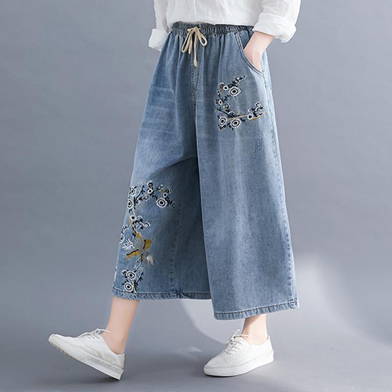 Plus Size Women Jeans Elastic Waist Embroidery Wide Leg Denim Pants Female Spring Autumn Vintage Loose High Waist Pants