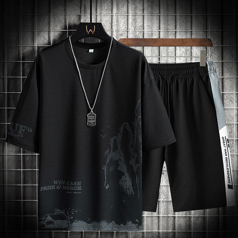 Summer Two Piece Set Men Harajuku Printed Tracksuit Short Sleeve Shorts Sets Mens O-Neck Breathable Casual Sportswear Clothing