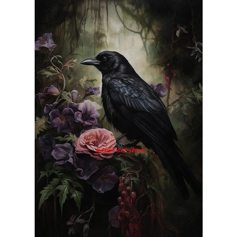 Dark Academia Raven Floral Forest Vintage Poster Gothic Crow Portrait Canvas Paintings Wall Art Print Picture Living Room Decor