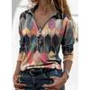 Women Fashion Printing Splicing Lapel Long-sleeved Casual T-shirt Loose Clothing Tops