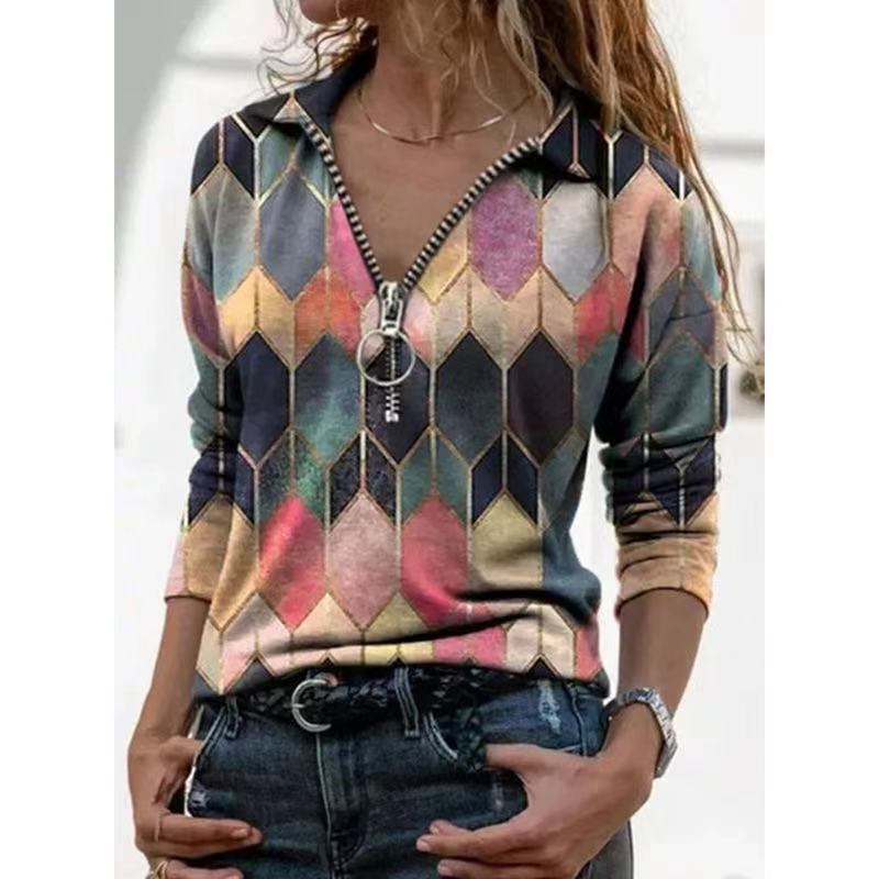 Women Fashion Printing Splicing Lapel Long-sleeved Casual T-shirt Loose Clothing Tops