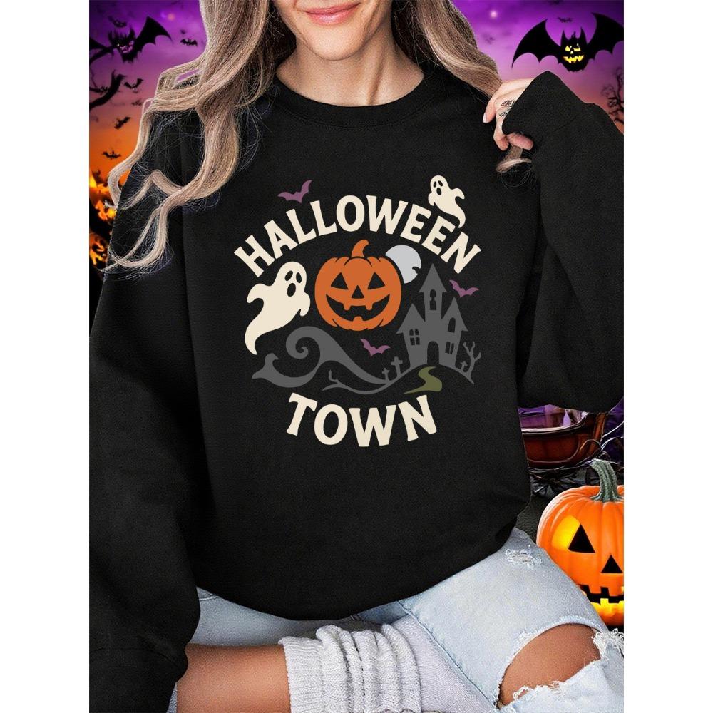 Halloween Town Pumpkin Lantern Prints Sweatshirts Women Loose Basics Hoodies Warm Crewneck Clothes Winter Casual Pullover