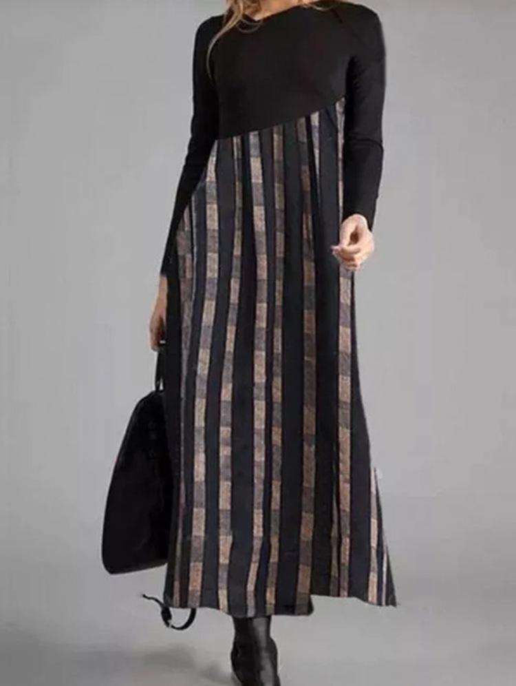 Women's Long Sleeve Black Top with Printed Maxi Skirt Dress, Bohemian Floral Geometric Pattern, Multiple Color Options